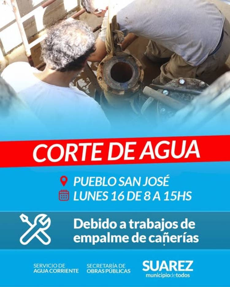 Atención vecinos de Pueblo San José: corte de agua lunes 16 de junio