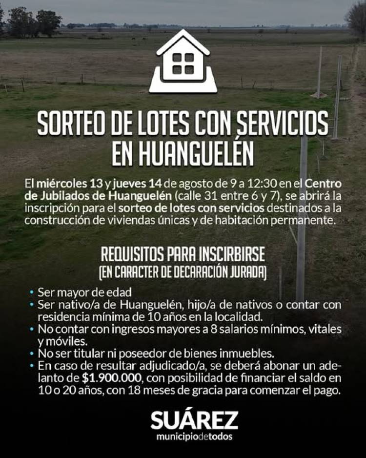 Sorteo de lotes con servicios en Huanguelen