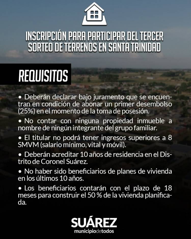 Ultima semana de inscripcion al 3° Sorteo de Terrenos en Santa Trinidad