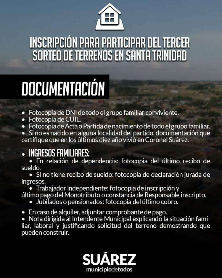 Ultima semana de inscripcion al 3° Sorteo de Terrenos en Santa Trinidad