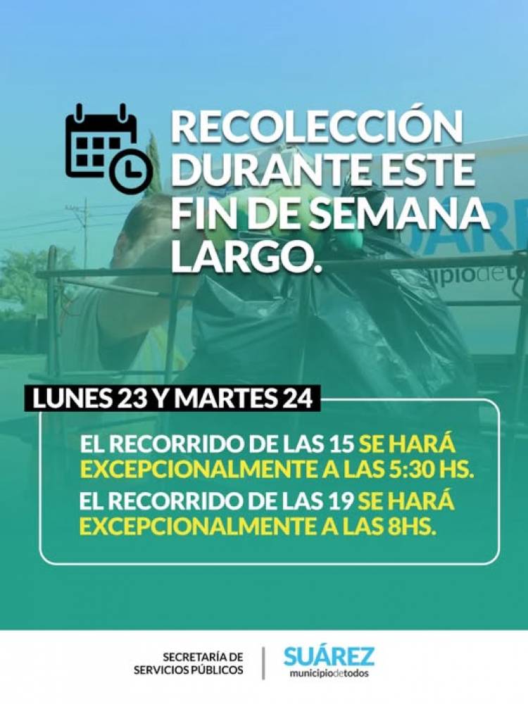 Servicio de recolección de residuos domiciliarios este fin de semana largo