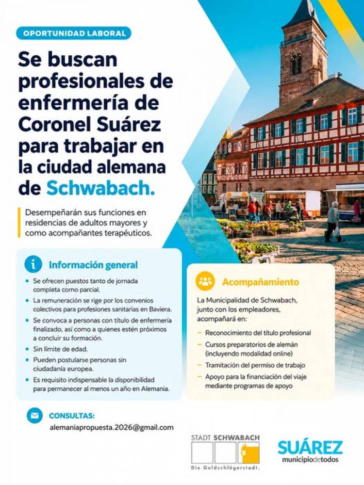 Se buscan profesionales de enfermería de Coronel Suárez para trabajar en Schwabach