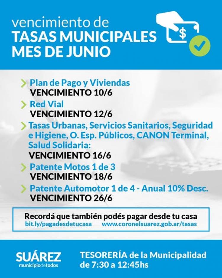 Vencimiento de las TASAS MUNICIPALES del mes de Junio