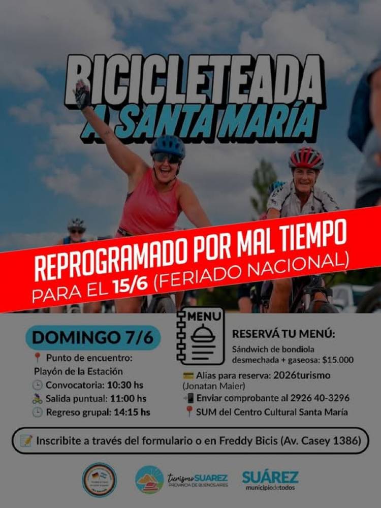Bicicleteada a Pueblo Santa Maria: se reprogramó para el Lunes 15 de Junio