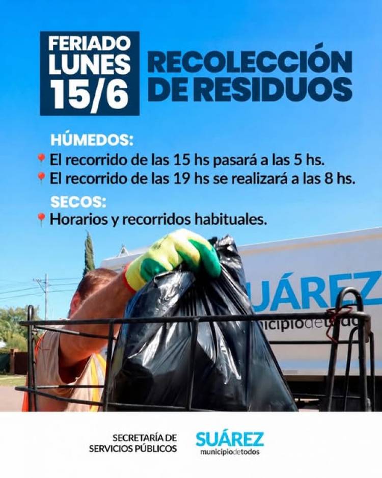 Servicio de recolección de residuos para este Lunes 15 de Junio