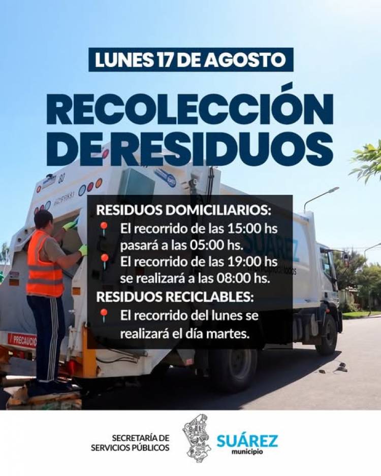 Servicio de recolección de residuos para el Lunes 17 de Agosto