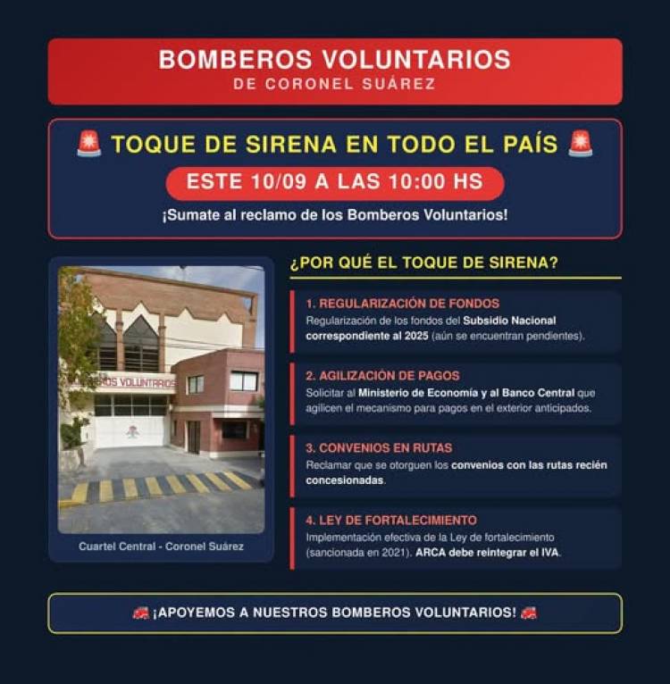 Jueves 10 de Septiembre: SIRENAZO de Bomberos en todo el pais