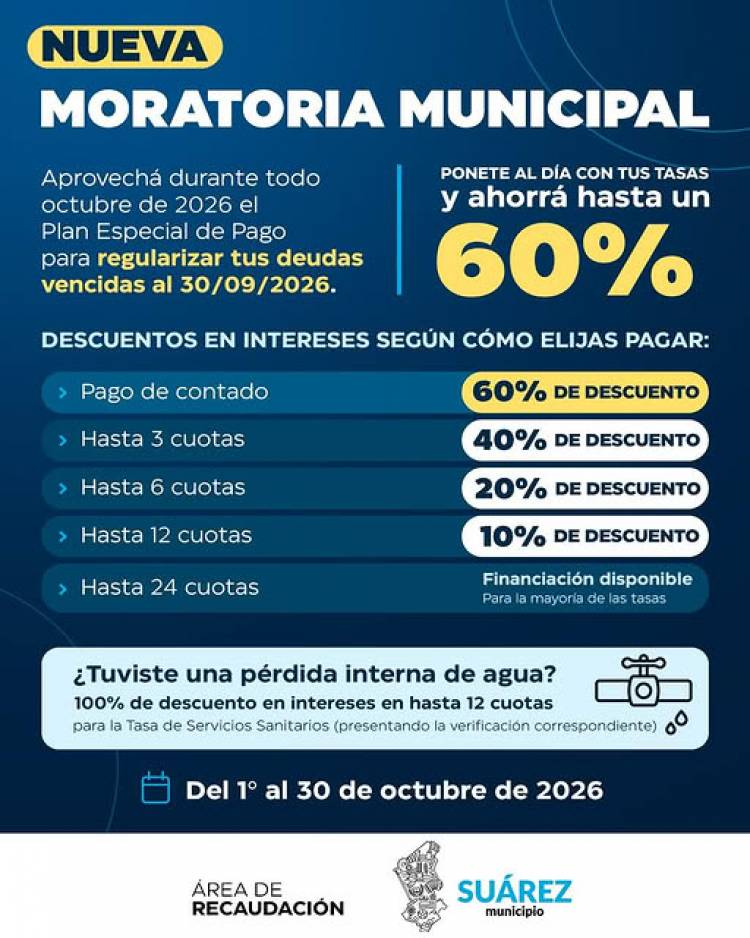  ¡NUEVA MORATORIA MUNICIPAL! Ponete al día con tus tasas y ahorrá hasta un 60%